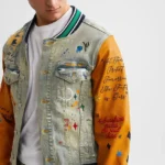 Baseball Sleeve Leather Blue Wash Denim Jacket