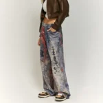 High Street Cashew Flower Digital Print Cowboy New Style Street Trendy Loose Dirty Fit Casual Pants11.5OZ
