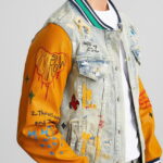 Baseball Sleeve Leather Blue Wash Denim Jacket - Image 3