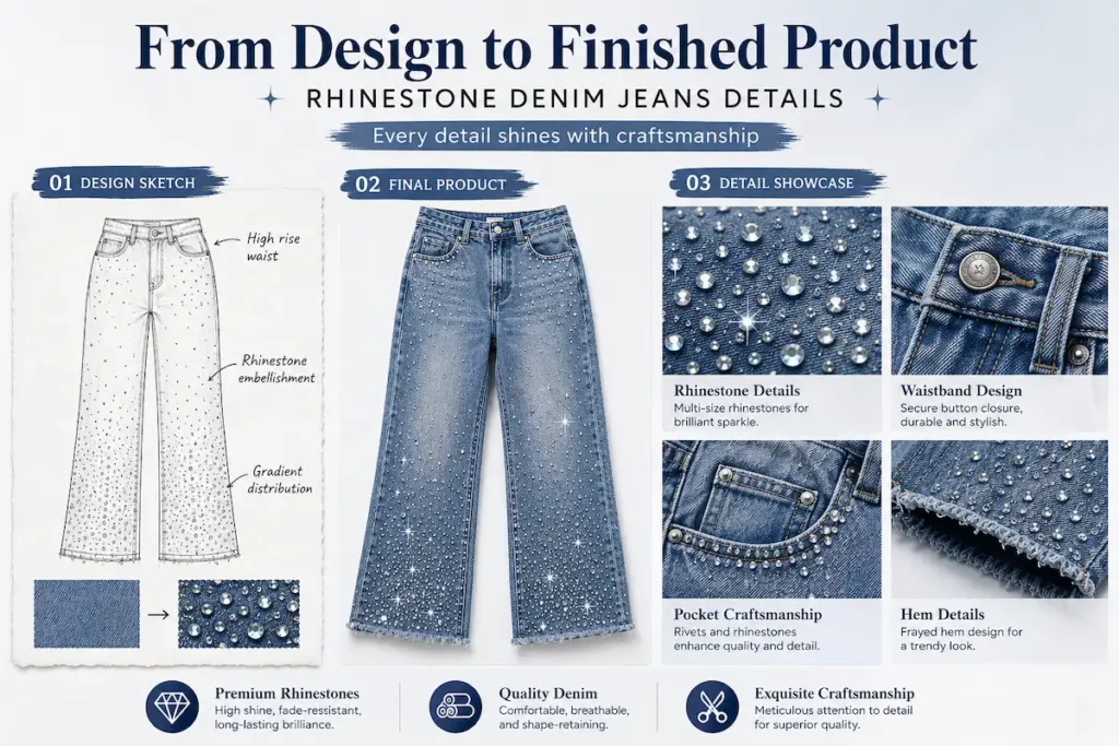 Custom rhinestone jeans design sketch and finished bulk production process - Aeedenim