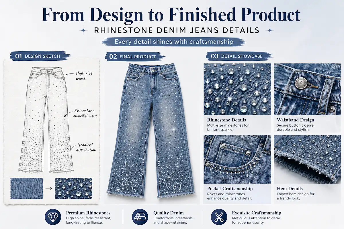 Custom rhinestone jeans design sketch and finished bulk production process - Aeedenim