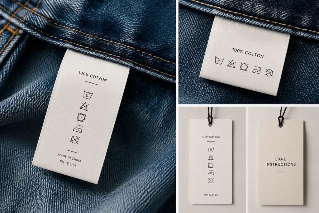 FTC-compliant US care label showing fiber content country of origin and washing instructions for 100 percent cotton denim jeans imported from China