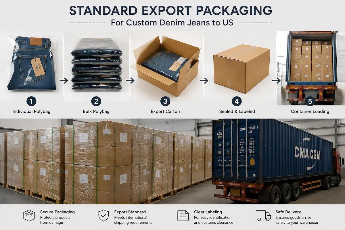 Stacked export cartons of custom denim jackets prepared for international shipping from a reliable denim factory in China