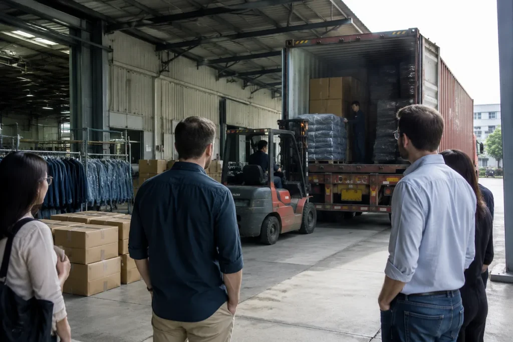 Standard export packaging with reinforced corrugated cartons and moisture protection for custom denim jeans shipping from China to the US market