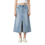 A-line women's denim skirt panel construction side slit and back yoke seam detail