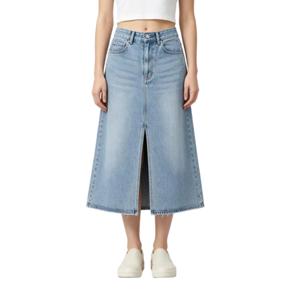 A-line women's denim skirt panel construction side slit and back yoke seam detail