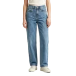 Women's acid wash mom jeans back pocket placement yoke seam and high waistband construction detail