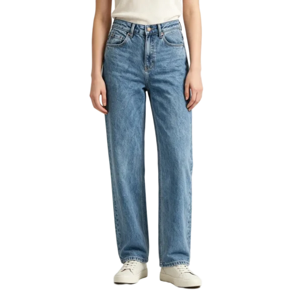 Women's acid wash mom jeans back pocket placement yoke seam and high waistband construction detail