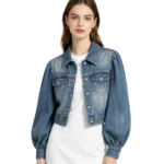 Balloon sleeve women's denim jacket sleeve volume shape cuff closure and body silhouette detail