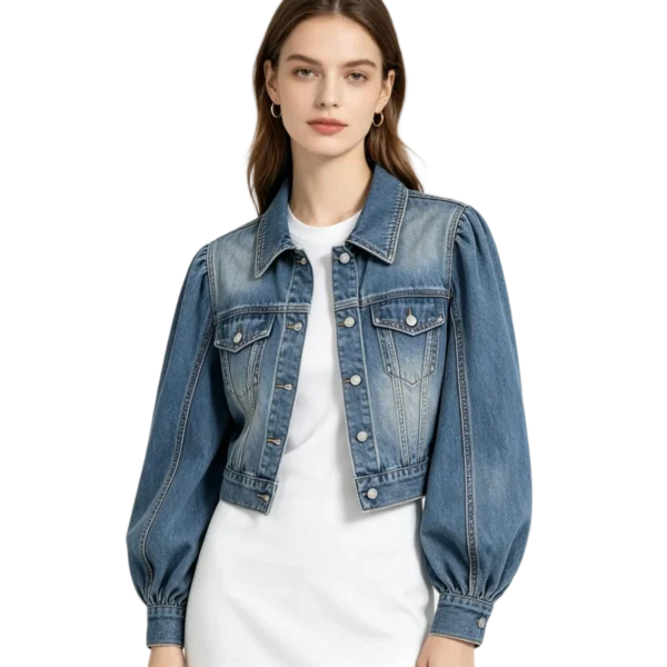 Balloon sleeve women's denim jacket sleeve volume shape cuff closure and body silhouette detail