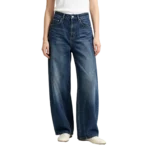 Women's barrel leg curved jeans back yoke construction and pocket placement detail