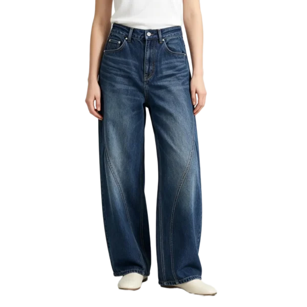 Women's barrel leg curved jeans back yoke construction and pocket placement detail