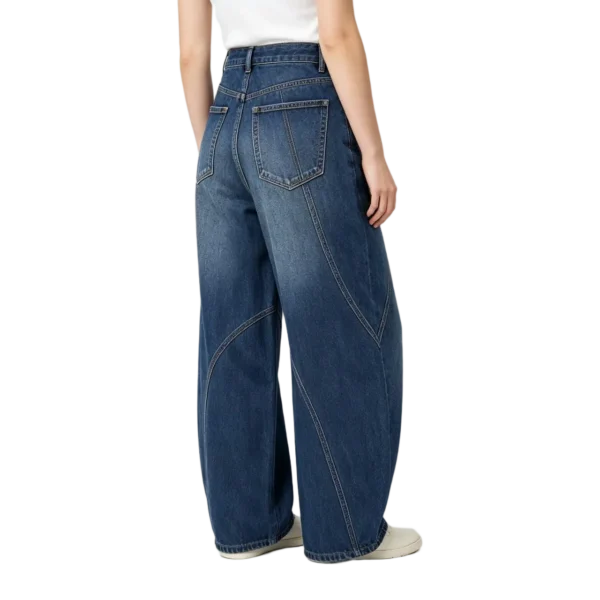 Barrel leg horseshoe jeans women denim fabric texture waistband stitching close-up detail
