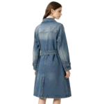 Belted women's denim trench coat fabric drape belt detail and long length seam macro close-up