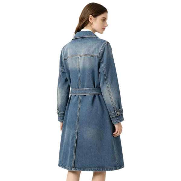 Belted women's denim trench coat fabric drape belt detail and long length seam macro close-up