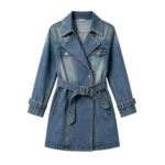 Long belted denim trench coat women elegant silhouette custom manufacturer