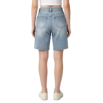 Bermuda women's denim shorts midweight fabric weave and hem finish macro close-up detail