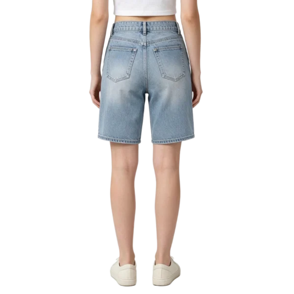 Bermuda women's denim shorts midweight fabric weave and hem finish macro close-up detail