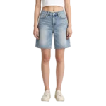 Bermuda denim shorts women side seam silhouette and back pocket placement detail