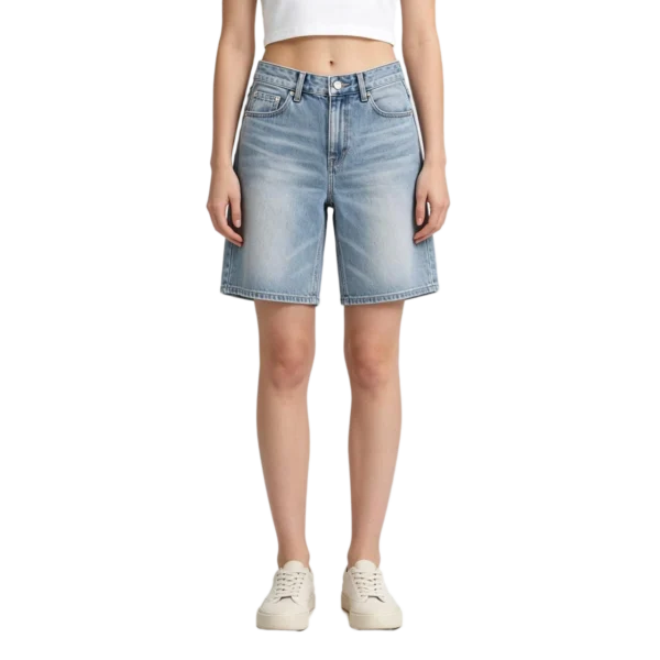 Bermuda denim shorts women side seam silhouette and back pocket placement detail