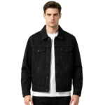 Black rinse men's stretch denim jacket fabric flexibility side seam and pocket construction detail