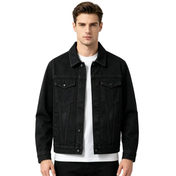 Black rinse men's stretch denim jacket fabric flexibility side seam and pocket construction detail