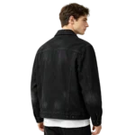 Black rinse stretch men's denim jacket fabric weave recovery elasticity and finish macro close-up