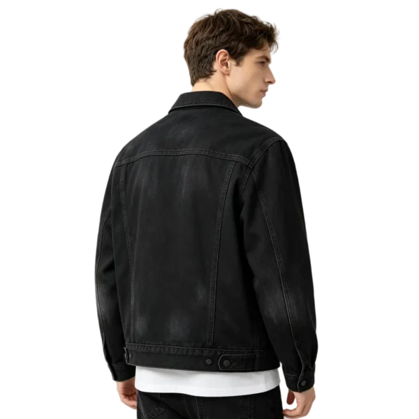 Black rinse stretch men's denim jacket fabric weave recovery elasticity and finish macro close-up