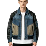 Mixed media men's denim bomber jacket rib-knit collar zip closure and sleeve construction detail