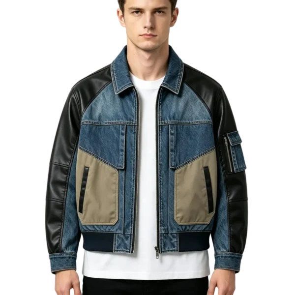 Mixed media men's denim bomber jacket rib-knit collar zip closure and sleeve construction detail