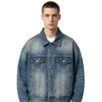 Oversized boxy trucker men's denim jacket back panel seam construction and yoke detail