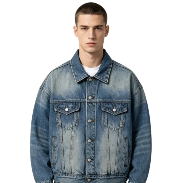 Oversized boxy trucker men's denim jacket back panel seam construction and yoke detail