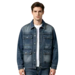 Heavyweight men's chore coat four-pocket front design button closure and collar construction detail