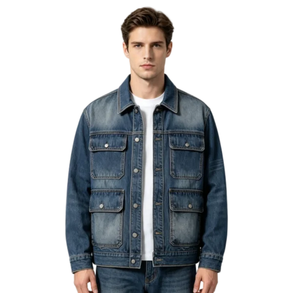 Heavyweight men's chore coat four-pocket front design button closure and collar construction detail