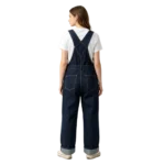 Classic women's bib overalls denim fabric texture reinforced stitching and hardware macro detail