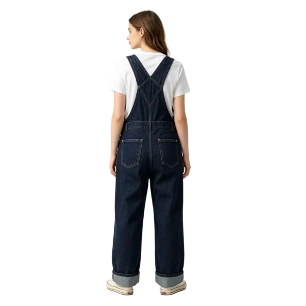 Classic women's bib overalls denim fabric texture reinforced stitching and hardware macro detail