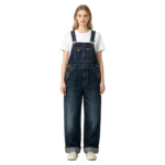 Classic women's bib overalls front bib pocket strap buckle and metal hardware detail