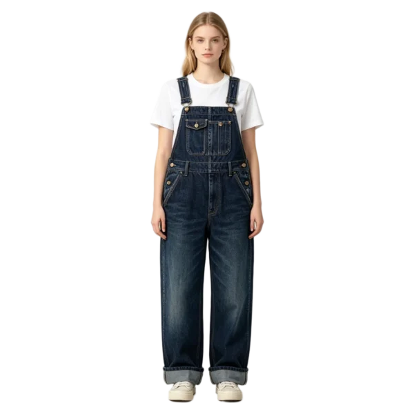 Classic women's bib overalls front bib pocket strap buckle and metal hardware detail