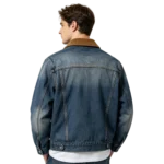 Corduroy collar men's denim jacket corduroy fabric rib texture and denim contrast macro close-up