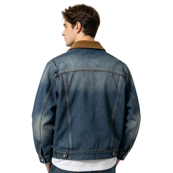 Corduroy collar men's denim jacket corduroy fabric rib texture and denim contrast macro close-up