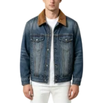 Corduroy collar men's trucker denim jacket collar texture button closure and pocket construction detail