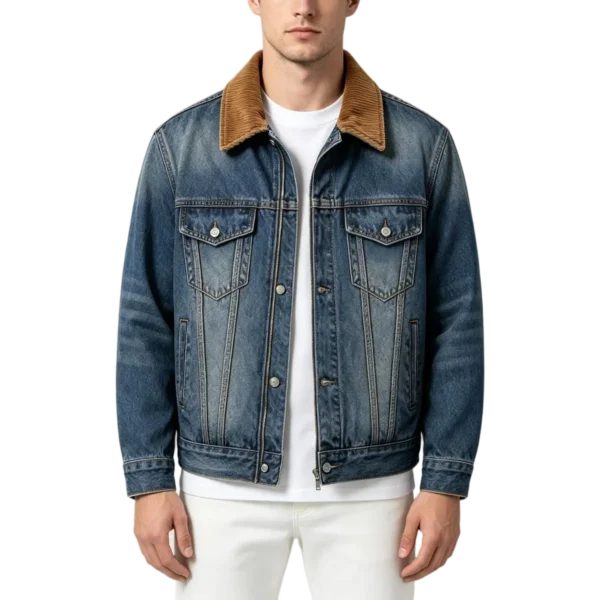 Corduroy collar men's trucker denim jacket collar texture button closure and pocket construction detail