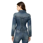 Lace-up corset women's denim jacket eyelet detail lacing cord and denim fabric macro close-up