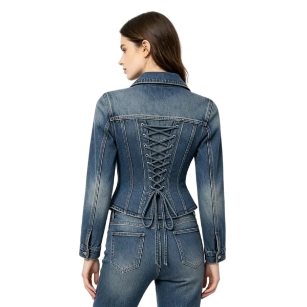 Lace-up corset women's denim jacket eyelet detail lacing cord and denim fabric macro close-up