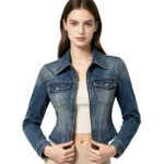 Lace-up corset women's denim jacket back lacing detail eyelet construction and fitted waist