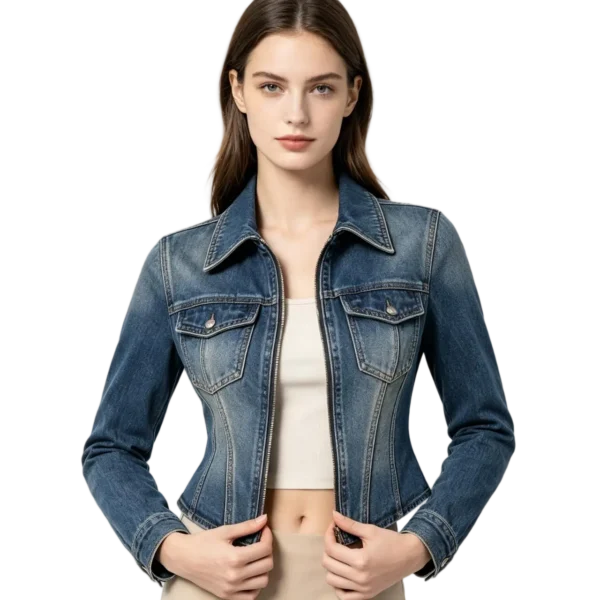 Lace-up corset women's denim jacket back lacing detail eyelet construction and fitted waist