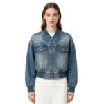 Cropped women's denim bomber jacket rib collar zip closure and front construction detail