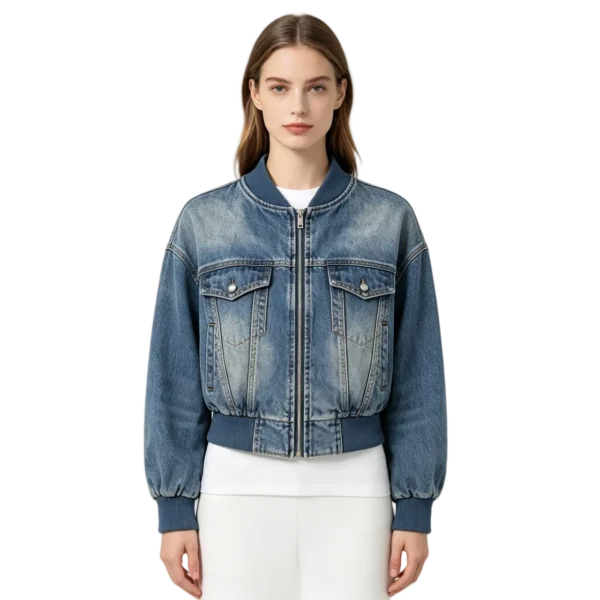Cropped women's denim bomber jacket rib collar zip closure and front construction detail
