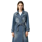 Belted women's denim trench coat collar detail tie belt and long line silhouette construction