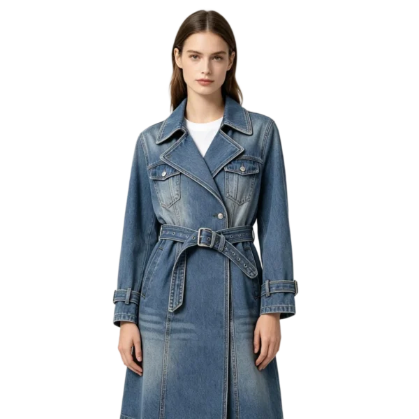 Belted women's denim trench coat collar detail tie belt and long line silhouette construction